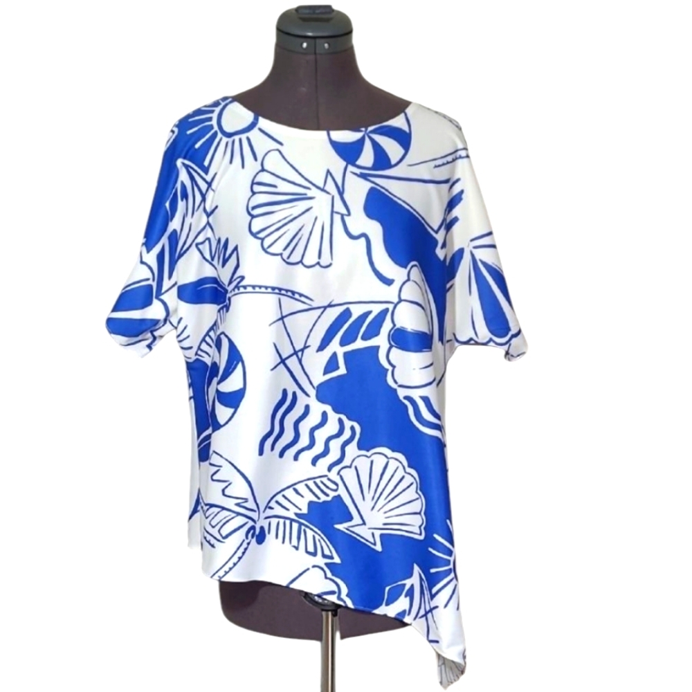 SZ10 Vera Neumann Asymmetrical Blouse Vintage Blue White Nautical Beach